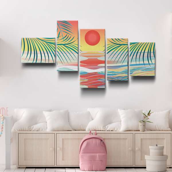 Západ slunce na moři s palmami a mušle - ilustrace