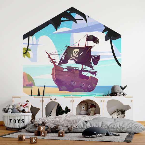 Pirátská loď na tropickém ostrově - ilustrace